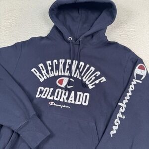 Champion Reverse Weave Hoodie‎ Men's Medium Breckenridge Colorado Pullover Blue